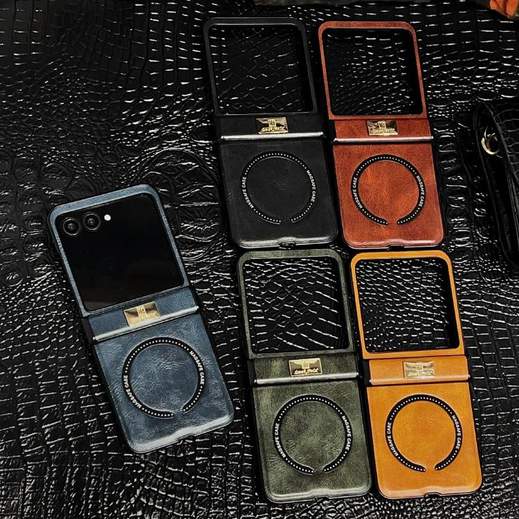 For Motorola Razr 50 / 60 Three Parts Crazy Horse Pattern Nameplate MagSafe Magnetic Phone Case