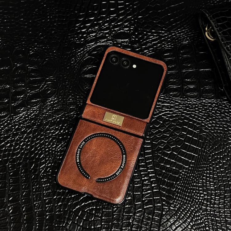 For Motorola Razr 50 / 60 Three Parts Crazy Horse Pattern Nameplate MagSafe Magnetic Phone Case