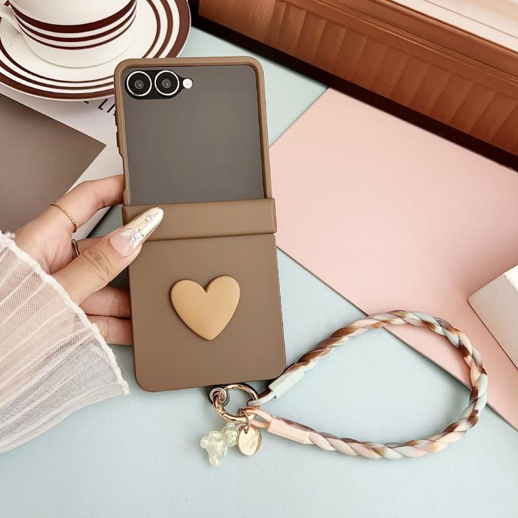 For Samsung Galaxy Z Flip5 Integrated 3D Heart Pattern Phone Case with Strap - Brown