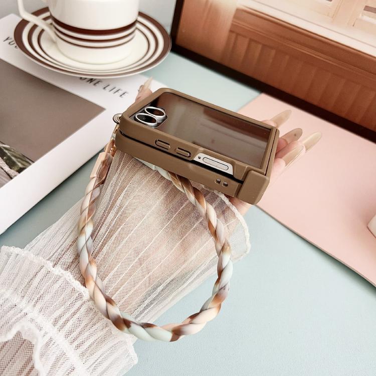 For Samsung Galaxy Z Flip5 Integrated 3D Heart Pattern Phone Case with Strap - Brown