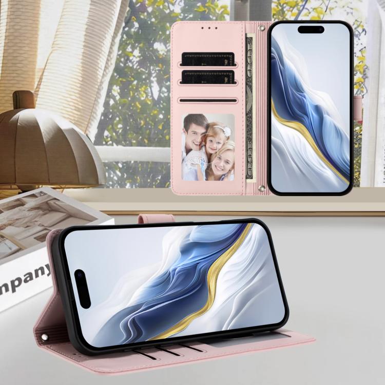 For iPhone 17 Pro Max Embossed Heart Cat Leather Phone Case with Hand Strap