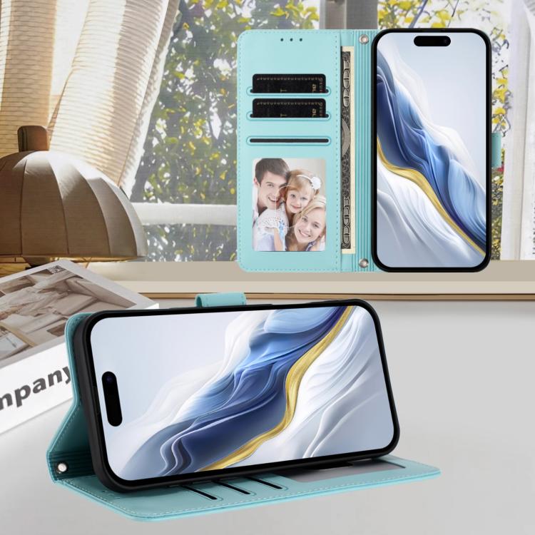 For iPhone 17 Pro Max Embossed Heart Cat Leather Phone Case with Hand Strap