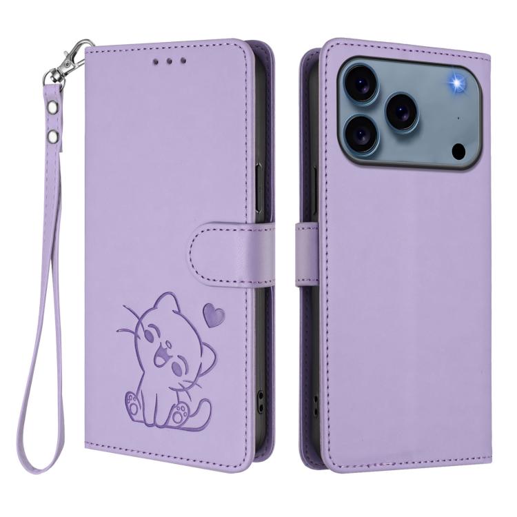 For iPhone 17 Pro Max Embossed Heart Cat Leather Phone Case with Hand Strap