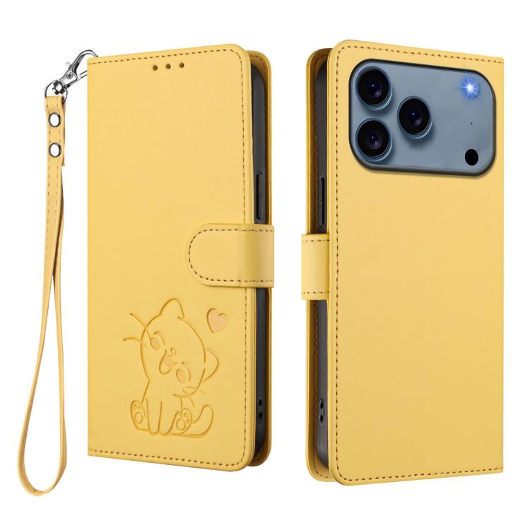 For iPhone 17 Pro Max Embossed Heart Cat Leather Phone Case with Hand Strap