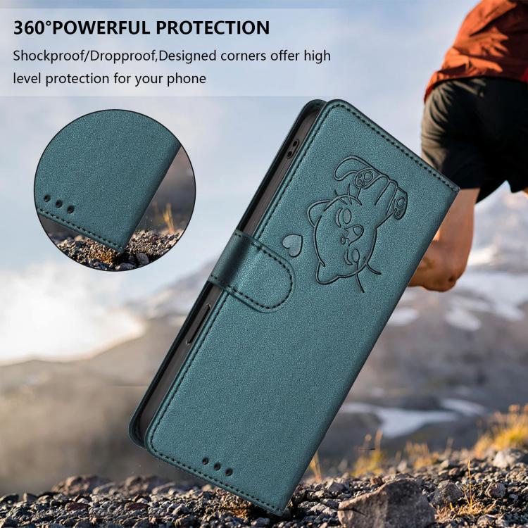 For iPhone 17 Pro Max Embossed Heart Cat Leather Phone Case with Hand Strap