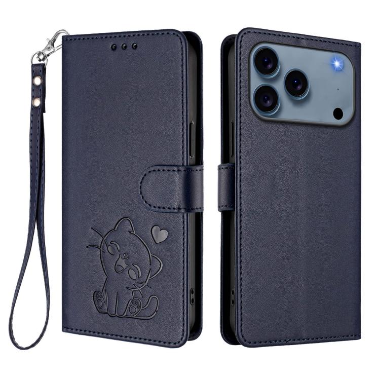 For iPhone 17 Pro Max Embossed Heart Cat Leather Phone Case with Hand Strap