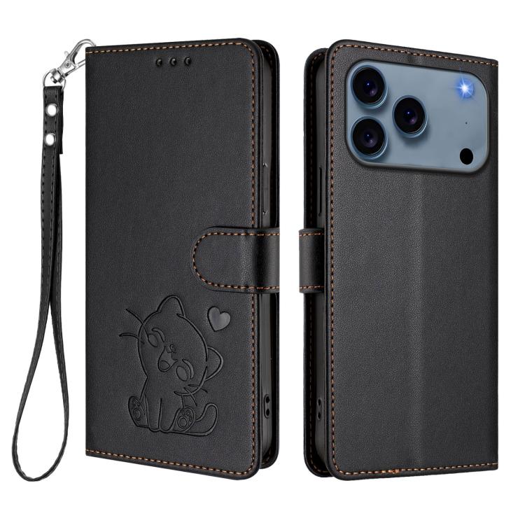 For iPhone 17 Pro Max Embossed Heart Cat Leather Phone Case with Hand Strap