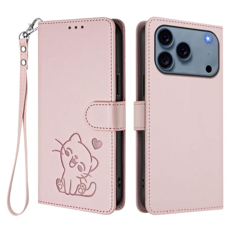 For iPhone 17 Pro Embossed Heart Cat Leather Phone Case with Hand Strap