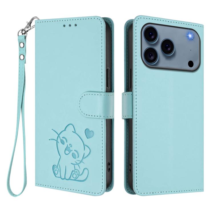 For iPhone 17 Pro Embossed Heart Cat Leather Phone Case with Hand Strap
