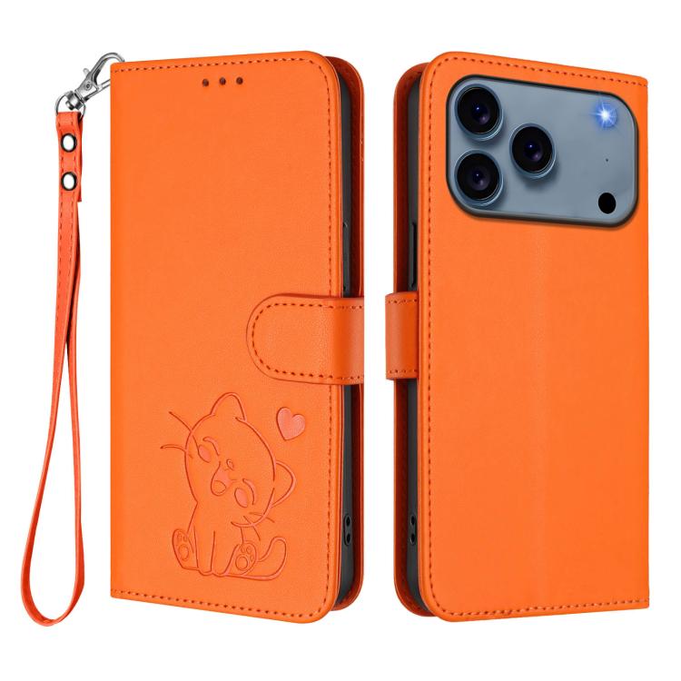 For iPhone 17 Pro Embossed Heart Cat Leather Phone Case with Hand Strap