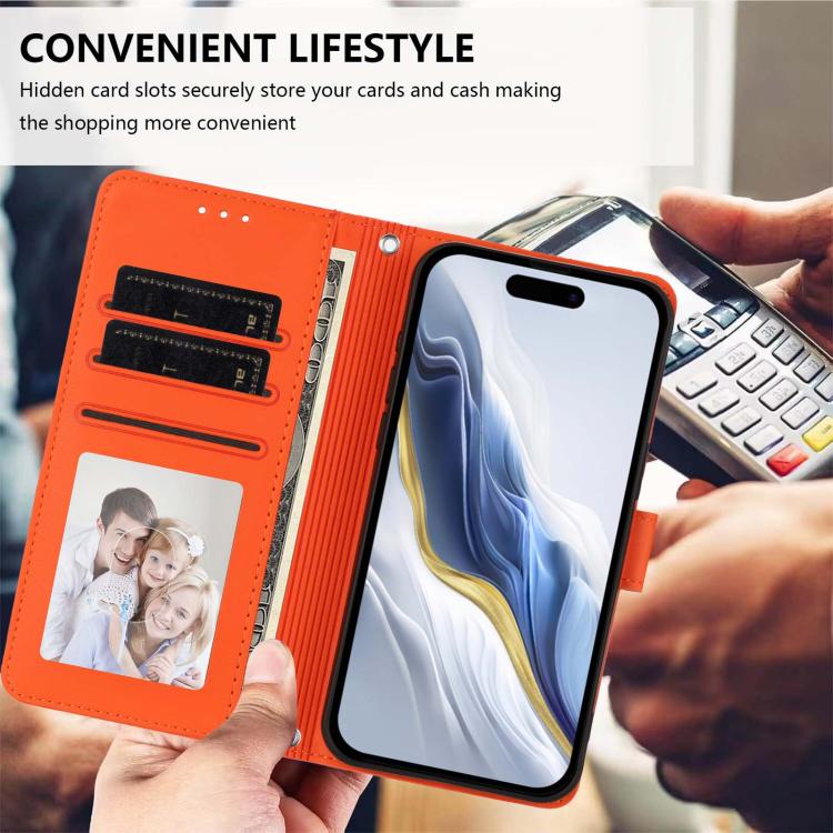 For iPhone 17 Pro Embossed Heart Cat Leather Phone Case with Hand Strap
