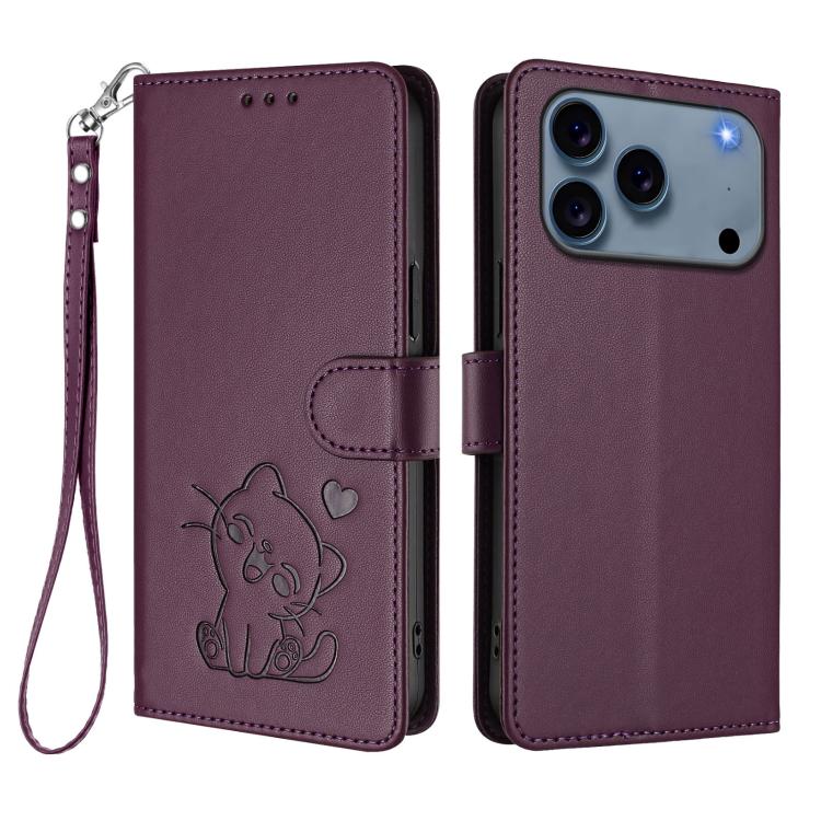 For iPhone 17 Pro Embossed Heart Cat Leather Phone Case with Hand Strap