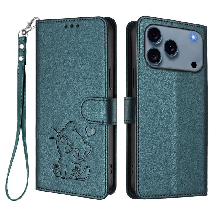For iPhone 17 Pro Embossed Heart Cat Leather Phone Case with Hand Strap