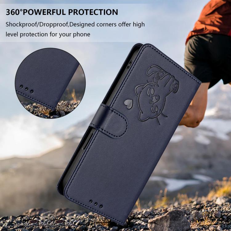 For iPhone 17 Pro Embossed Heart Cat Leather Phone Case with Hand Strap