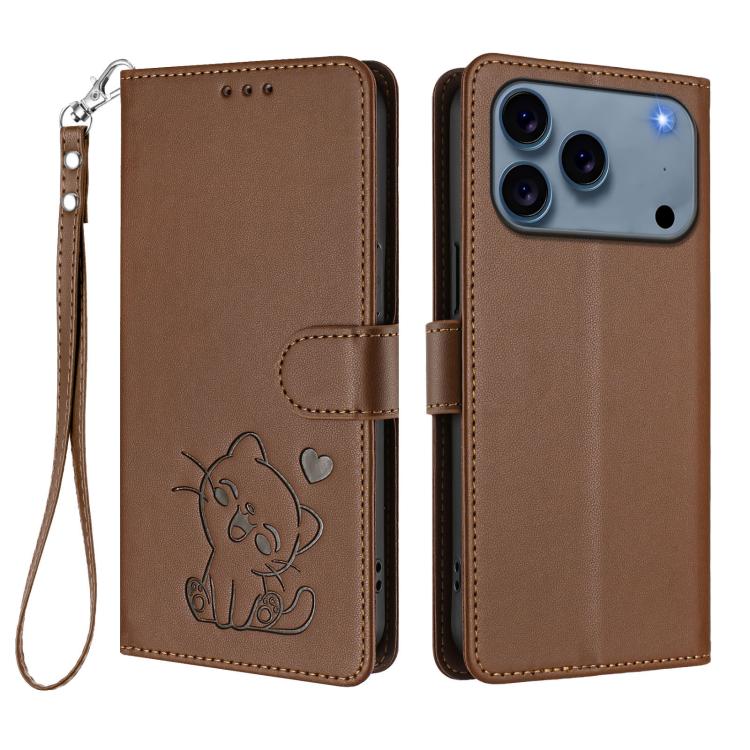 For iPhone 17 Pro Embossed Heart Cat Leather Phone Case with Hand Strap