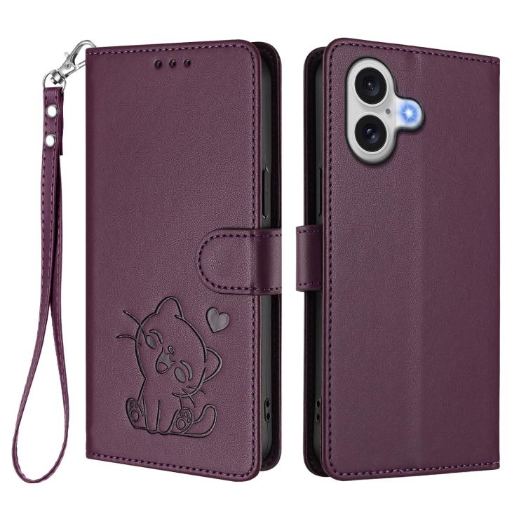 For iPhone 17 Embossed Heart Cat Leather Phone Case with Hand Strap