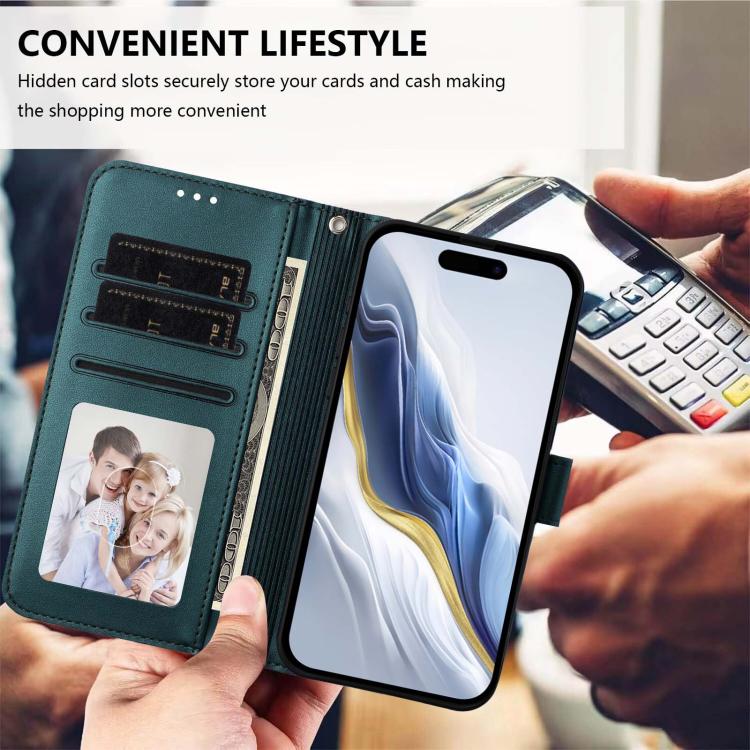 For iPhone 17 Embossed Heart Cat Leather Phone Case with Hand Strap