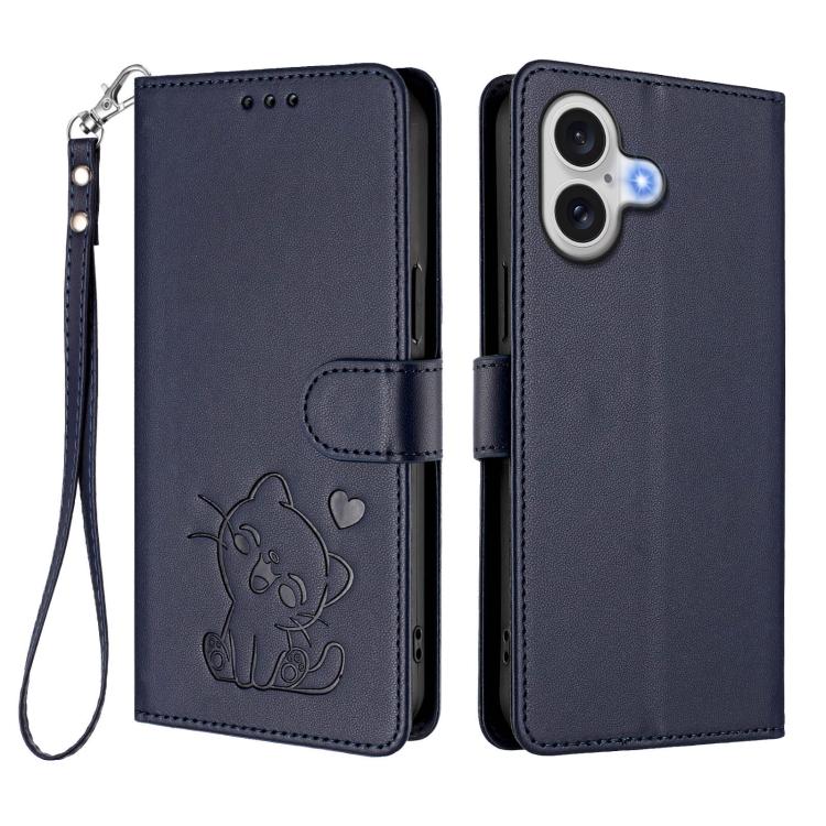 For iPhone 17 Embossed Heart Cat Leather Phone Case with Hand Strap