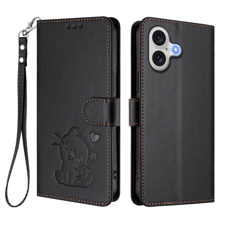 For iPhone 17 Embossed Heart Cat Leather Phone Case with Hand Strap