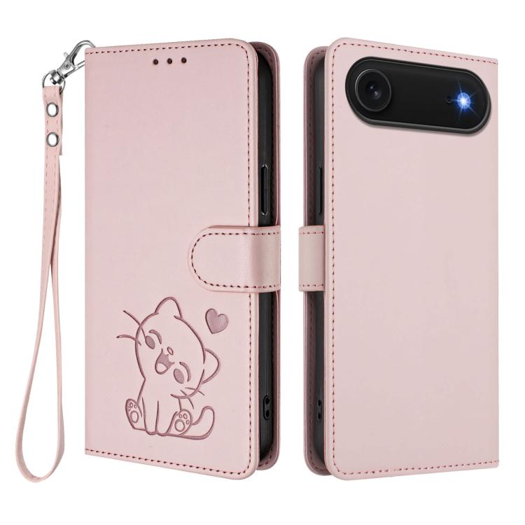 For iPhone Air Embossed Heart Cat Leather Phone Case with Hand Strap