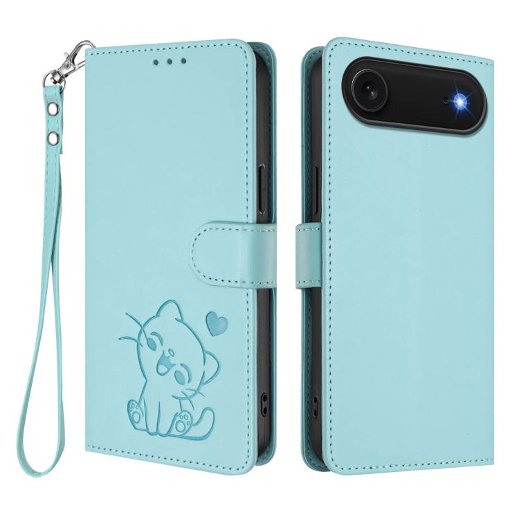 For iPhone Air Embossed Heart Cat Leather Phone Case with Hand Strap