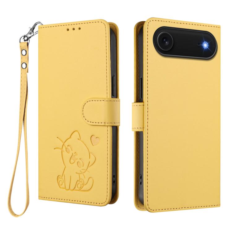 For iPhone Air Embossed Heart Cat Leather Phone Case with Hand Strap