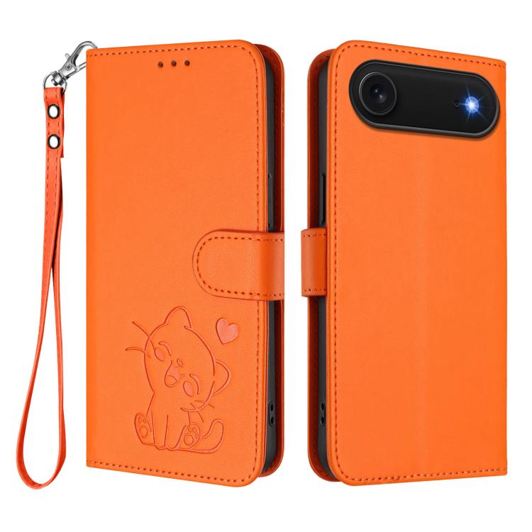 For iPhone Air Embossed Heart Cat Leather Phone Case with Hand Strap