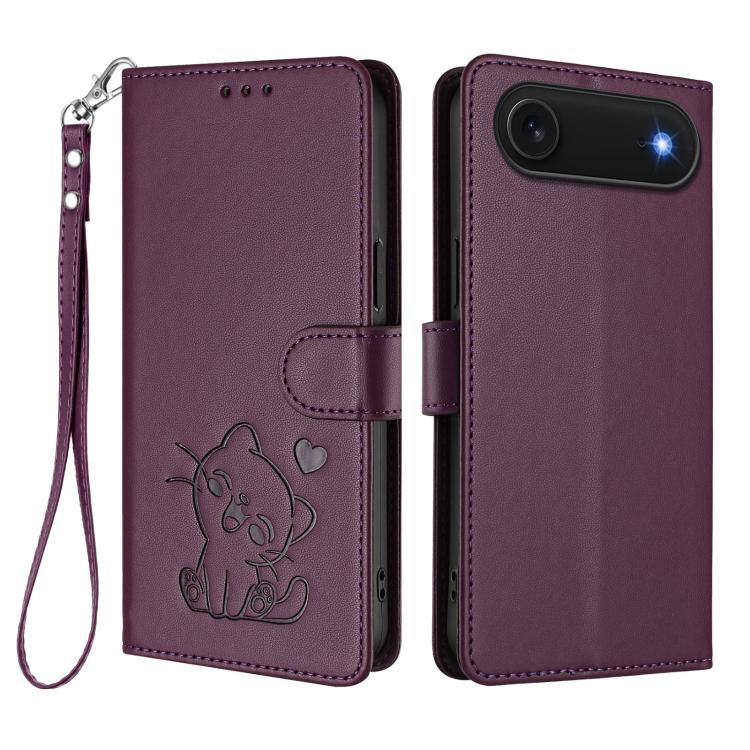 For iPhone Air Embossed Heart Cat Leather Phone Case with Hand Strap