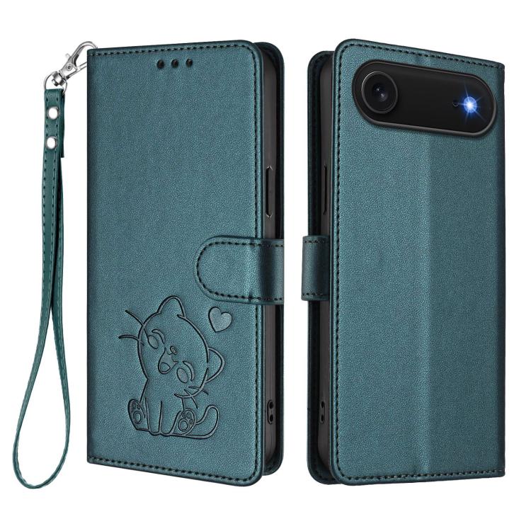 For iPhone Air Embossed Heart Cat Leather Phone Case with Hand Strap