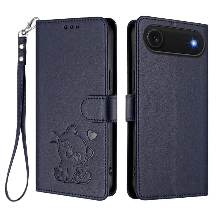 For iPhone Air Embossed Heart Cat Leather Phone Case with Hand Strap