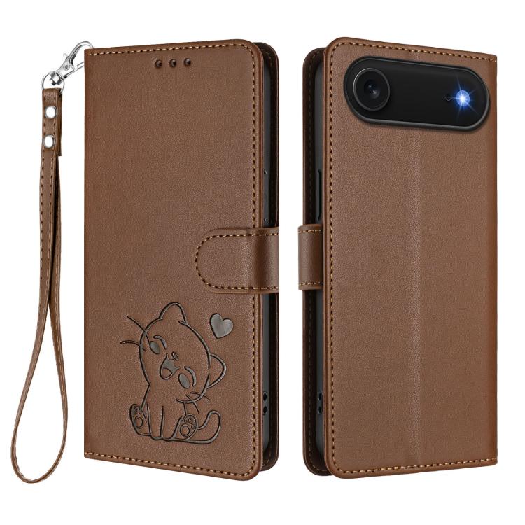 For iPhone Air Embossed Heart Cat Leather Phone Case with Hand Strap