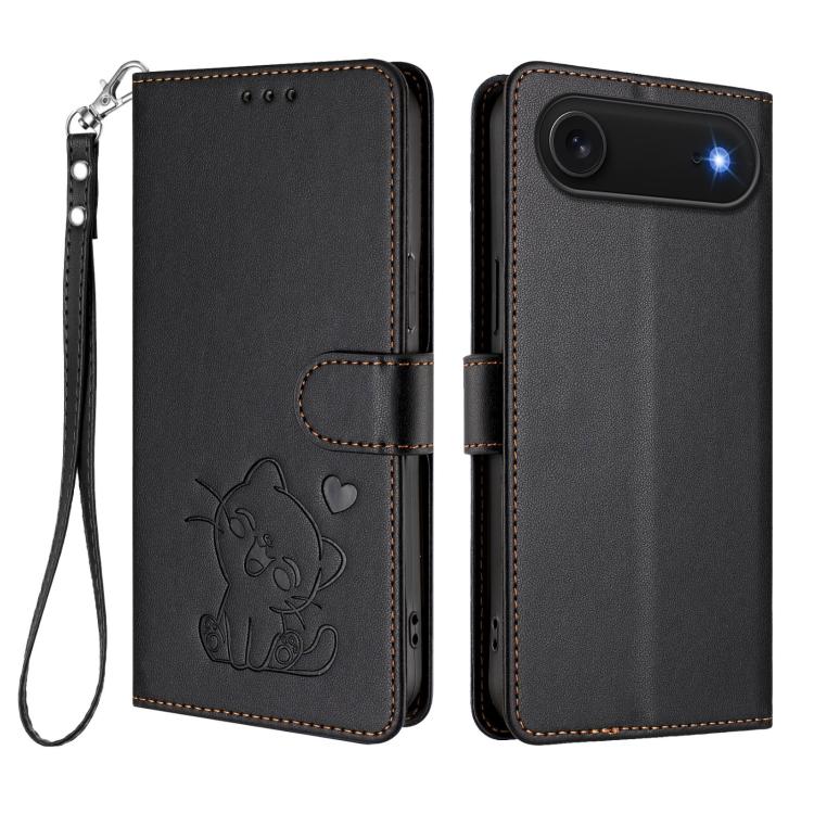 For iPhone Air Embossed Heart Cat Leather Phone Case with Hand Strap
