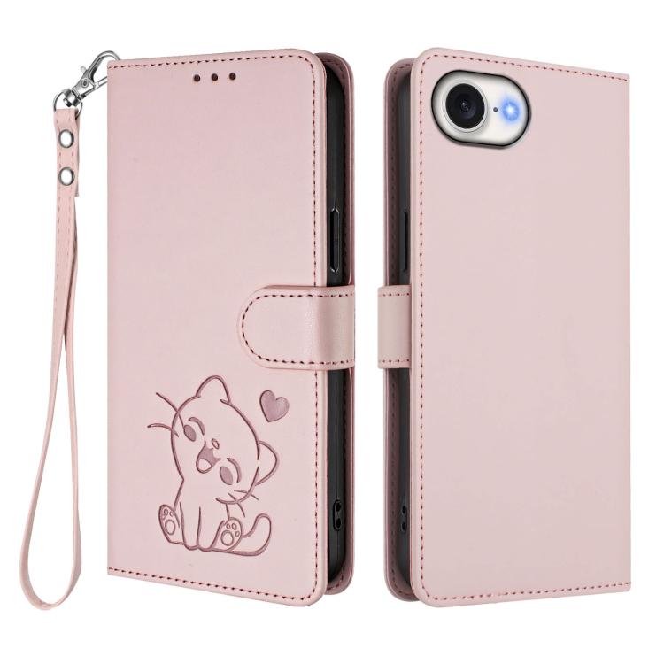 For iPhone 17e / 16e Embossed Heart Cat Leather Phone Case with Hand Strap