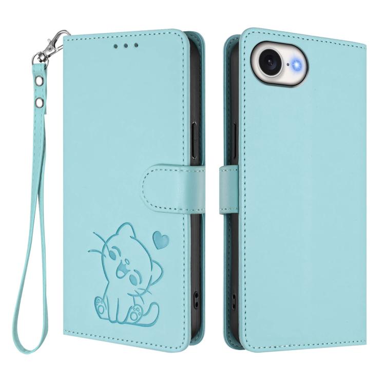 For iPhone 17e / 16e Embossed Heart Cat Leather Phone Case with Hand Strap