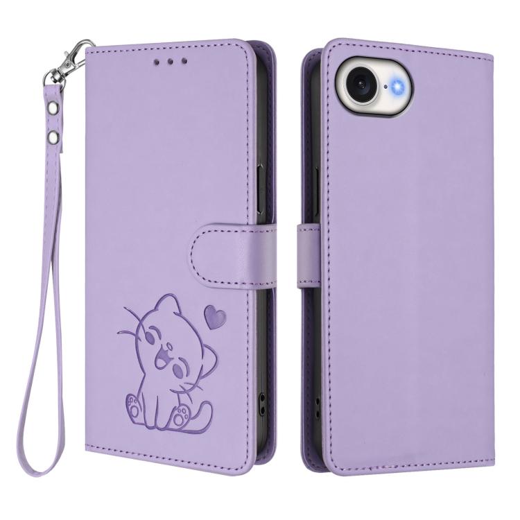 For iPhone 17e / 16e Embossed Heart Cat Leather Phone Case with Hand Strap