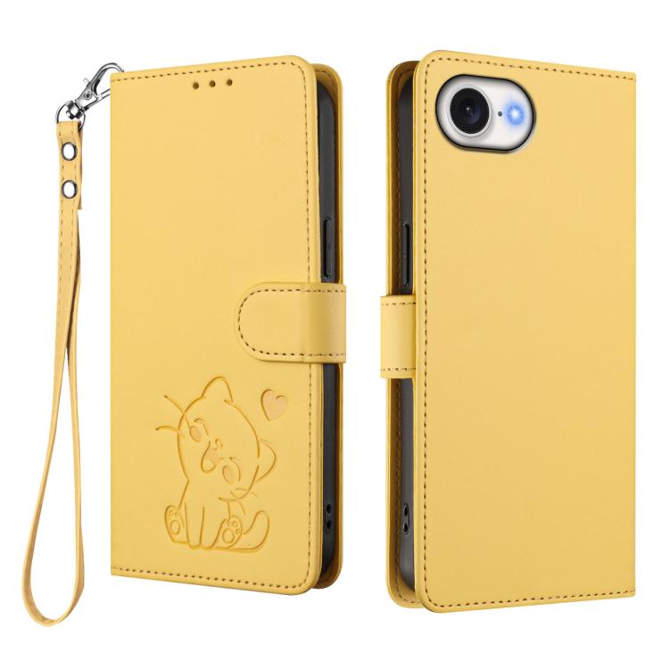 For iPhone 17e / 16e Embossed Heart Cat Leather Phone Case with Hand Strap