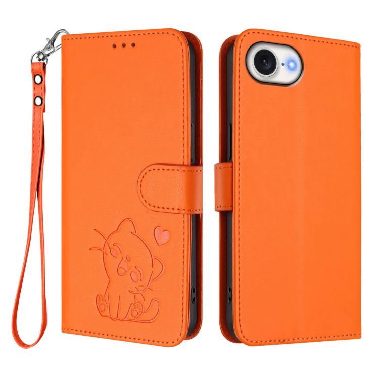 For iPhone 17e / 16e Embossed Heart Cat Leather Phone Case with Hand Strap