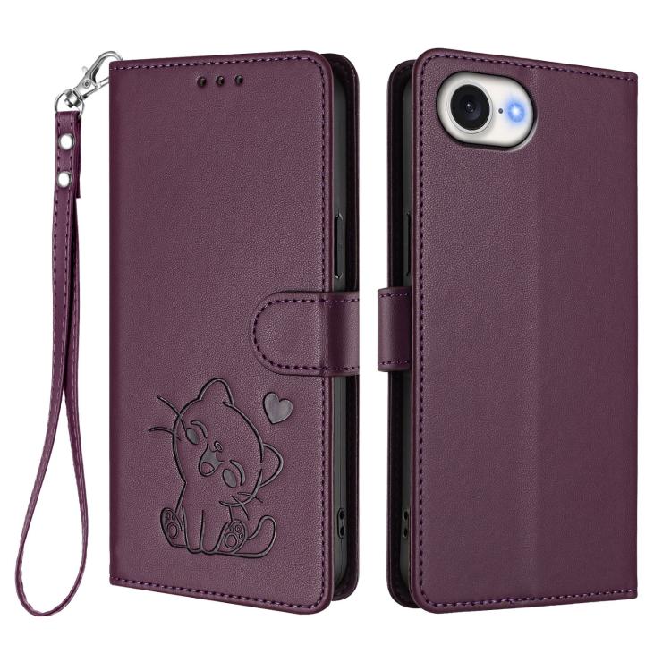 For iPhone 17e / 16e Embossed Heart Cat Leather Phone Case with Hand Strap