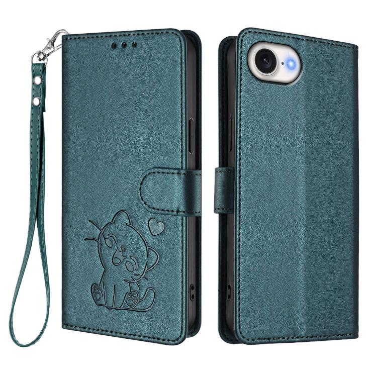For iPhone 17e / 16e Embossed Heart Cat Leather Phone Case with Hand Strap