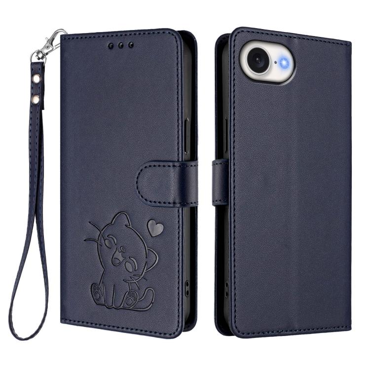 For iPhone 17e / 16e Embossed Heart Cat Leather Phone Case with Hand Strap