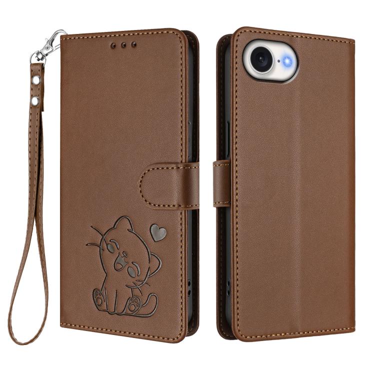 For iPhone 17e / 16e Embossed Heart Cat Leather Phone Case with Hand Strap
