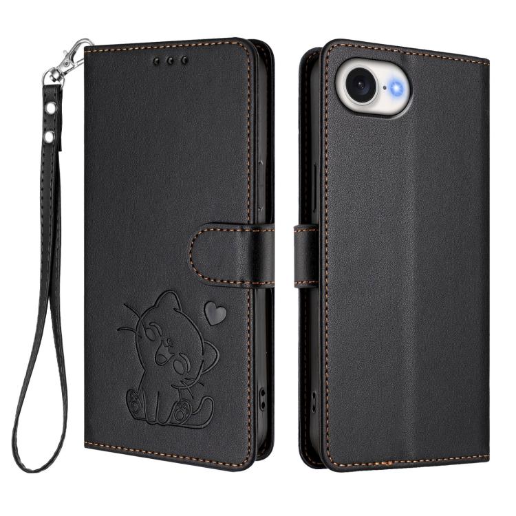 For iPhone 17e / 16e Embossed Heart Cat Leather Phone Case with Hand Strap