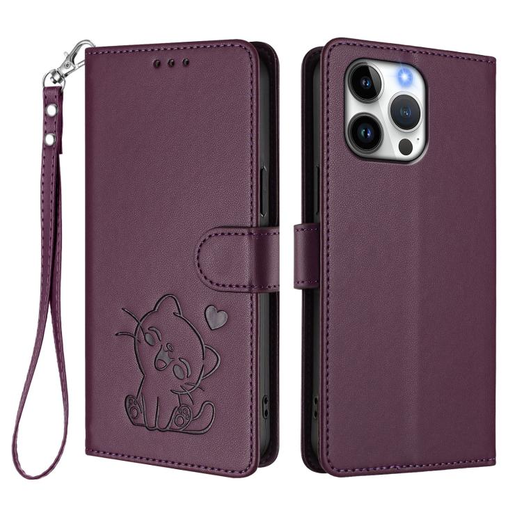 For iPhone 16 Pro Max Embossed Heart Cat Leather Phone Case with Hand Strap