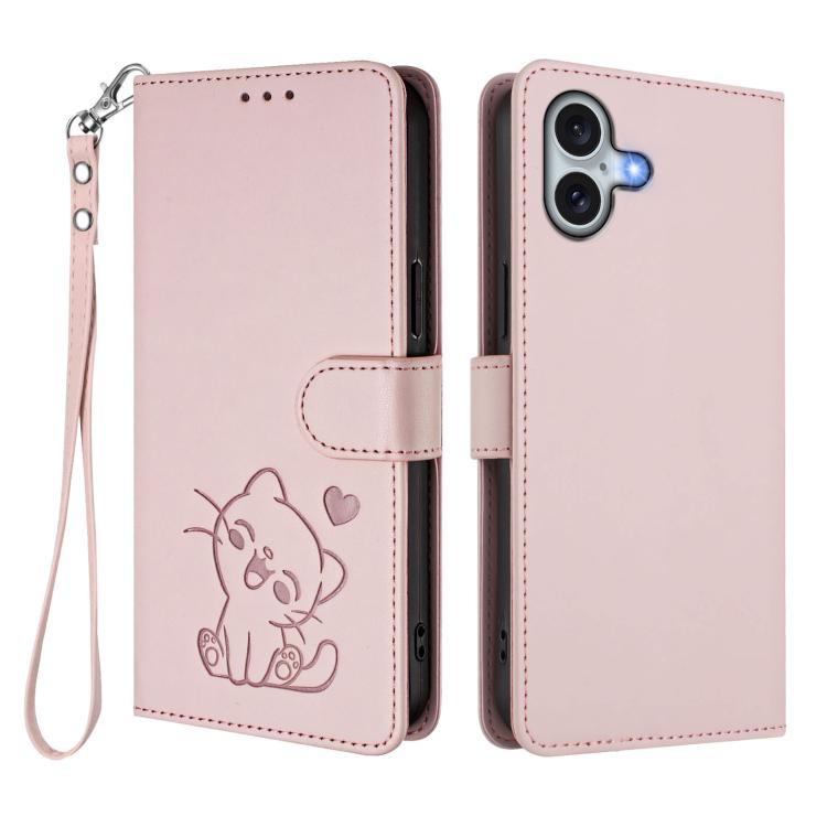For iPhone 16 Plus Embossed Heart Cat Leather Phone Case with Hand Strap