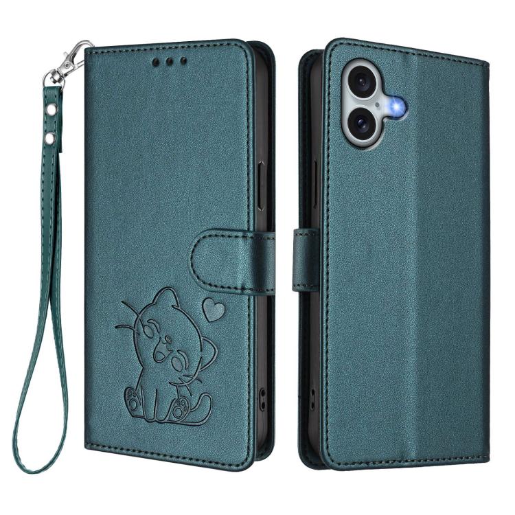 For iPhone 16 Plus Embossed Heart Cat Leather Phone Case with Hand Strap