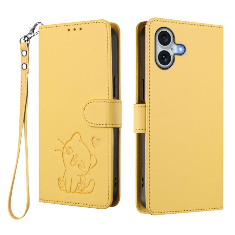 For iPhone 16 Embossed Heart Cat Leather Phone Case with Hand Strap