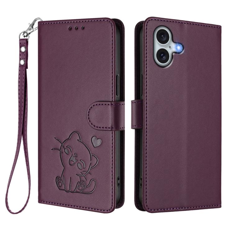For iPhone 16 Embossed Heart Cat Leather Phone Case with Hand Strap