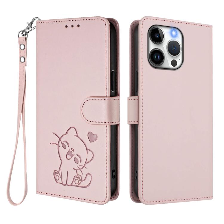 For iPhone 15 Pro Max Embossed Heart Cat Leather Phone Case with Hand Strap