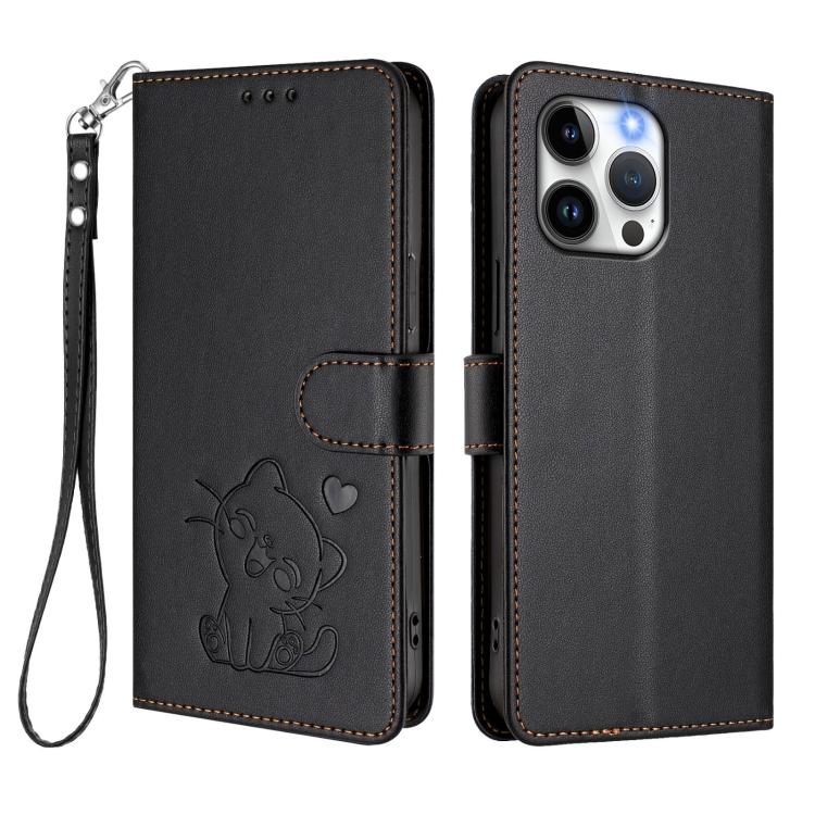 For iPhone 15 Pro Embossed Heart Cat Leather Phone Case with Hand Strap