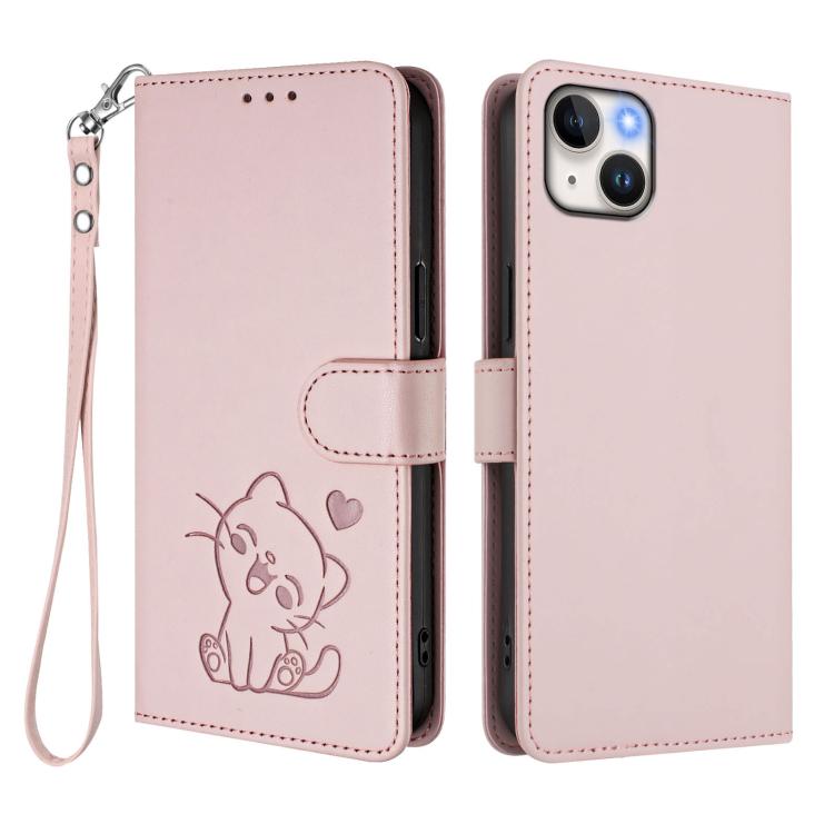 For iPhone 15 Plus Embossed Heart Cat Leather Phone Case with Hand Strap
